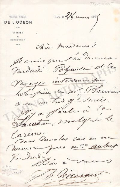 Tisserant, Hippolyte - Autograph Letter Signed 1865