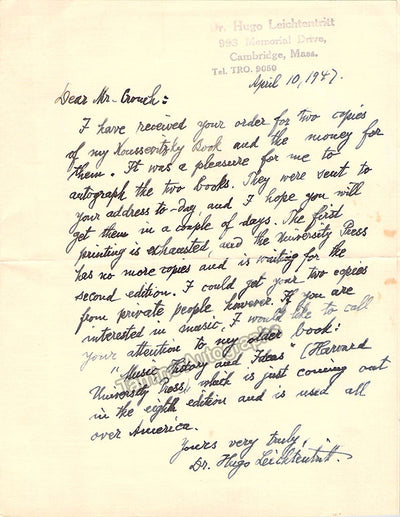 Leichtentritt, Hugo - Autograph Letter Signed 1947
