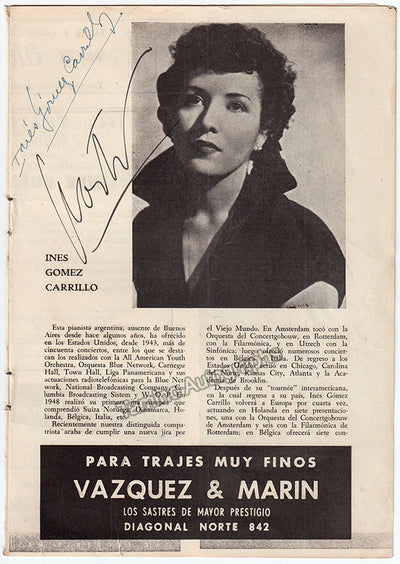 Gomez Carrillo, Ines - Signed Program Teatro Colon 1950