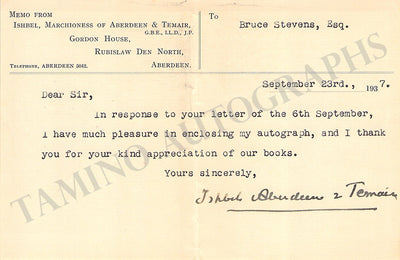 Hamilton-Gordon, Ishbel - Typed Note Signed 1937