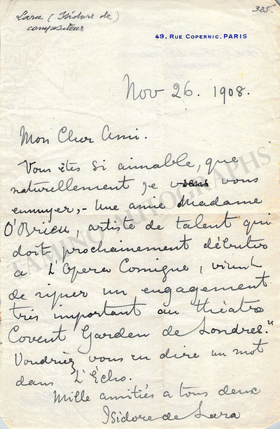 De Lara, Isidore - Autograph Letter Signed 1908