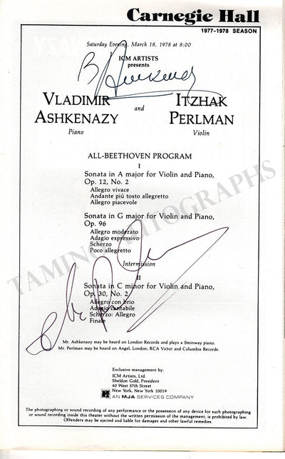 Perlman, Itzhak - Ashkenazy, Vladimir - Signed Program New York 1978 (03/18)