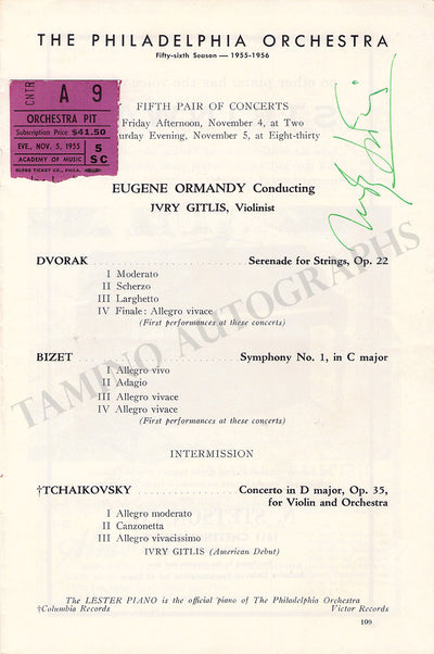 Gitlis, Ivry - Signed Program Page Philadelphia 1955