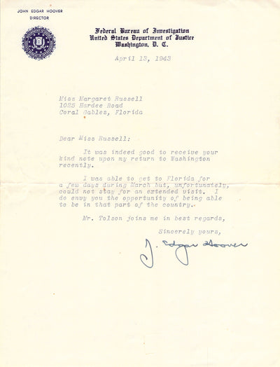 Hoover, J. Edgar - Typed Letter Signed 1943