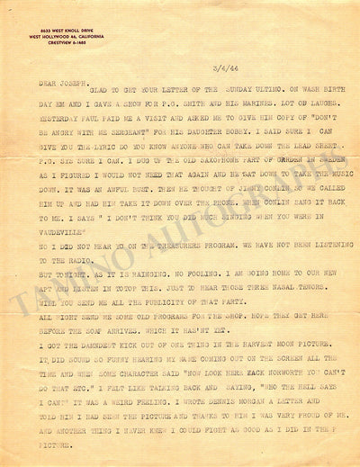 Norworth, Jack - Typed Letter Signed 1944