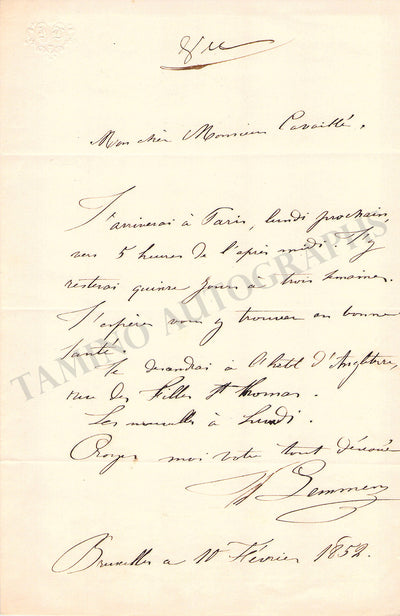 Lemmens, Jacques-Nicolas - Autograph Letter Signed 1852