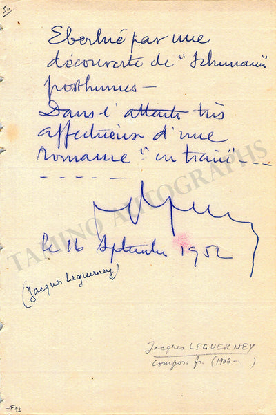 Leguerney, Jacques - Autograph Note Signed 1952