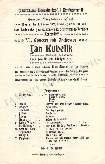Kubelik, Jan - Concert Program Vienna 1901
