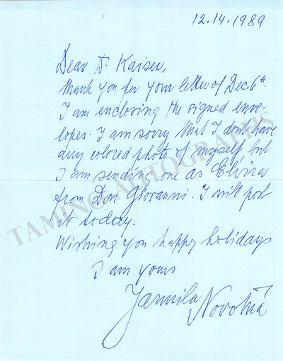 Novotna, Jarmila - Autograph Note Signed 1989