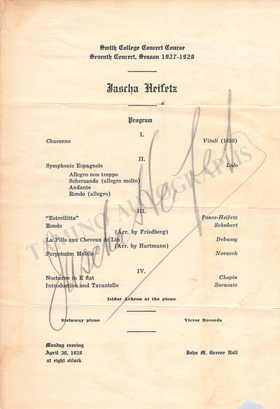 Heifetz, Jascha - Signed Program 1928