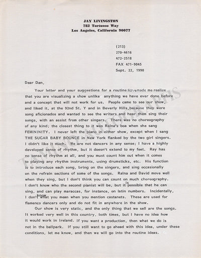 Livingston, Jay - Typed Letters Signed Lot 1987-1990