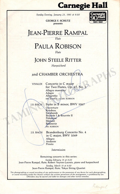 Rampal, Jean-Pierre - Signed Program Page New York 1981