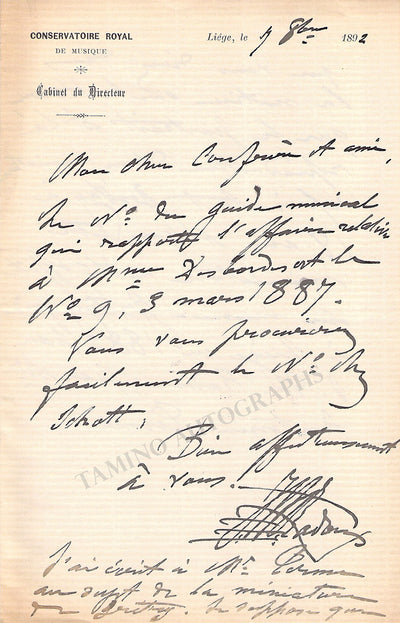 Radoux, Jean-Theodore - Autograph Letter Signed 1892
