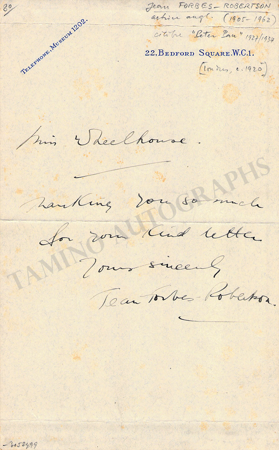 Jean Forbes-Robertson Autograph Note Signed – Tamino