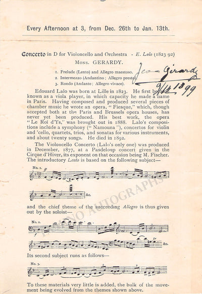Gerardy, Jean - Signed Program 1899