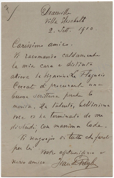 De Reszke, Jean - Autograph Letter Signed 1910