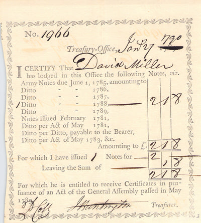 Huntington, Jedidah - Signed Certificate 1790