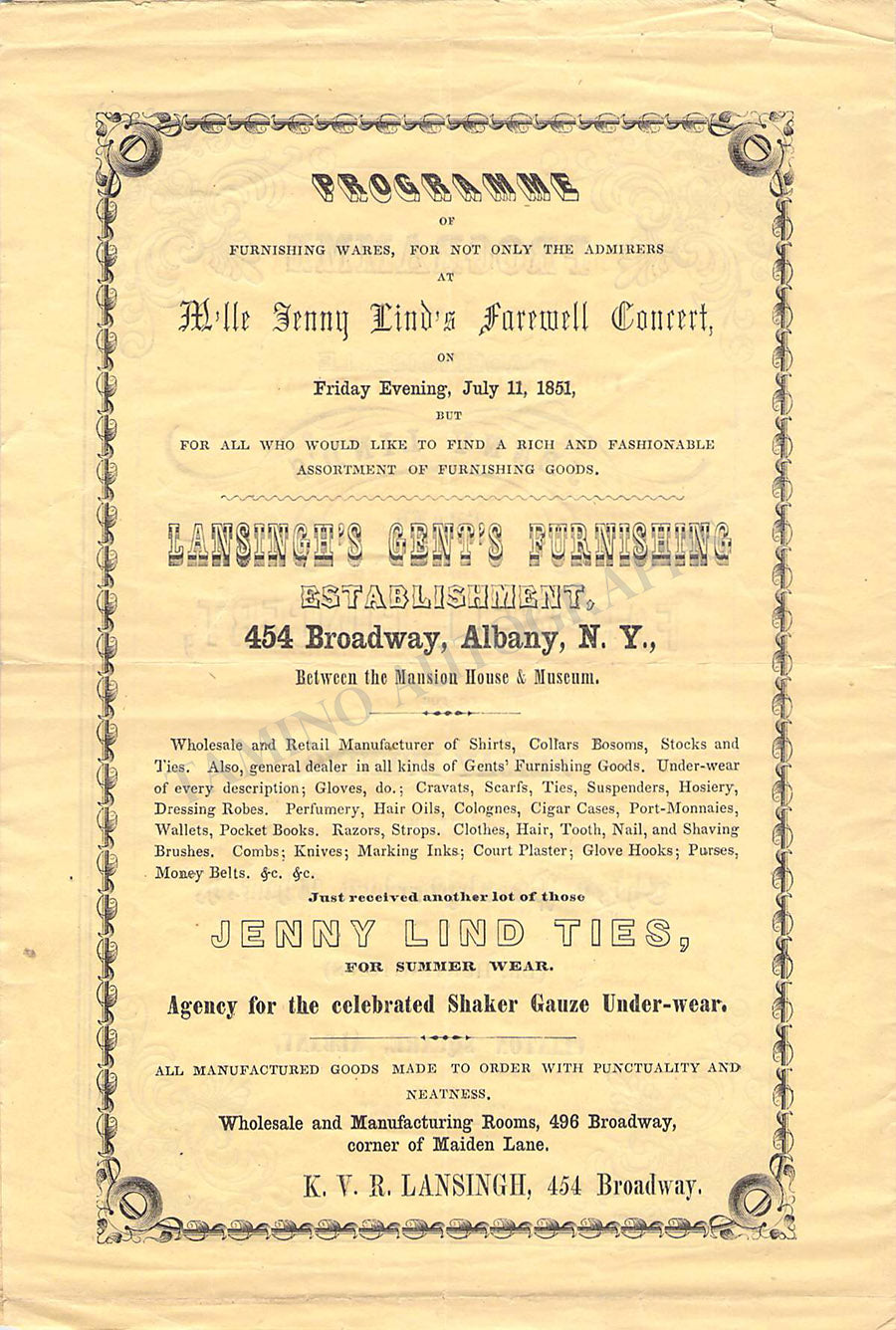 Old Concert Program Jenny Lind Vintage Concert Program 1851