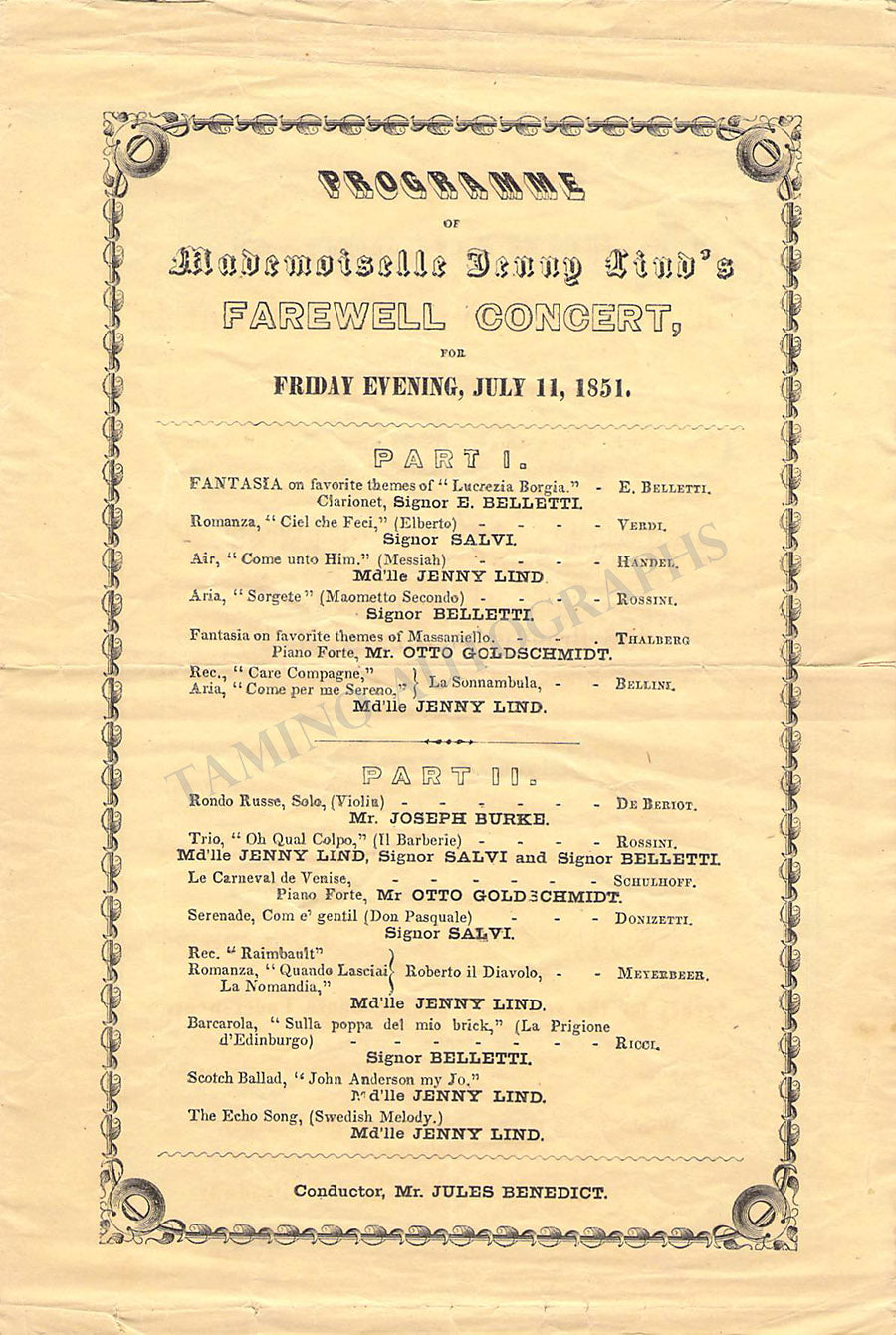 Old Concert Program Jenny Lind Vintage Concert Program 1851
