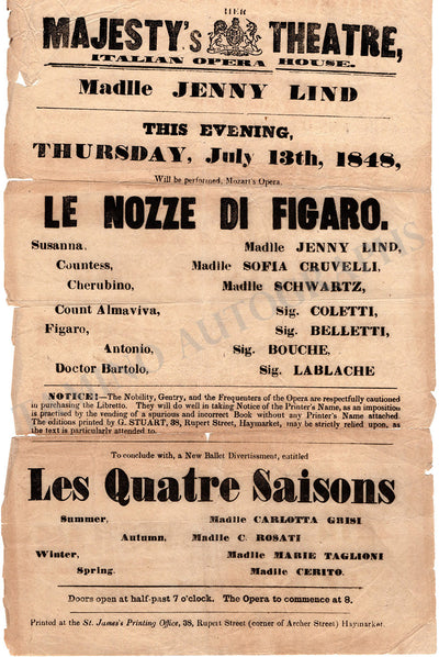 Lind, Jenny - Lablache, Luigi - Cruvelli, Sofia - Playbill Nozze di Figaro 1848