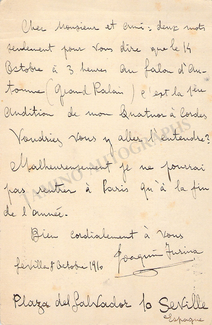 Turina, Joaquin - Autograph Note Signed 1910