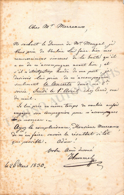 Hummel, Johann Nepomuk - Autograph Letter Signed 1830
