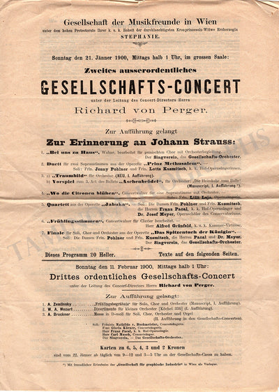 Strauss, Johann II - Concert Program in his Honor Vienna 1900
