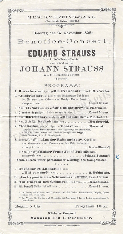 Strauss, Johann - Strauss, Eduard - Concert Playbill Vienna 1898
