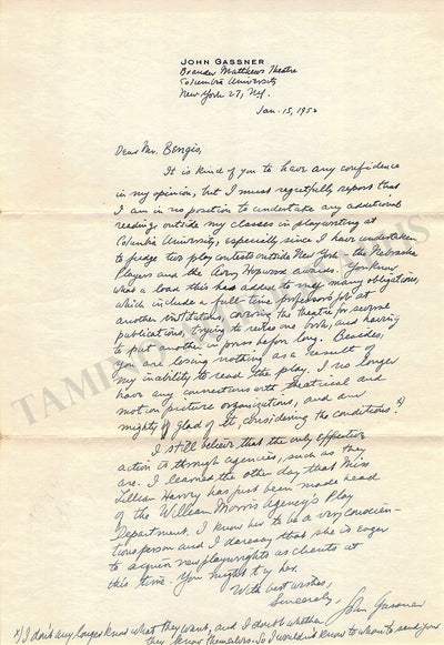 Gassner, John - Autograph Letter Signed 1953