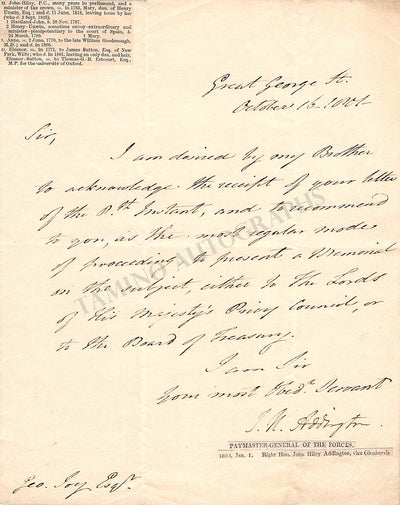Addington, John Hiley - Autograph Letter Signed 1801