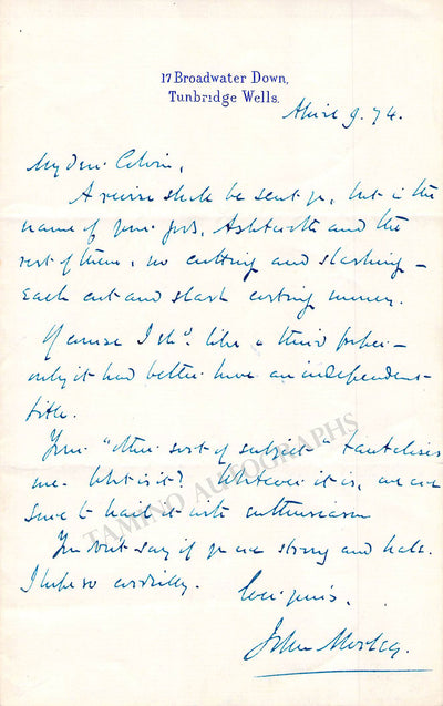 Morley, John - Autograph Letter Signed 1874