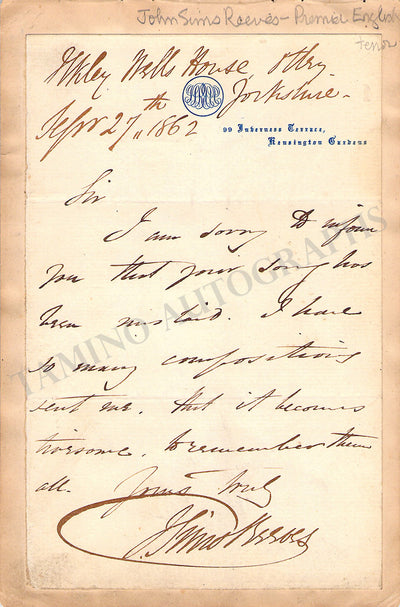 Sims Reeves, John - Autograph Note Signed 1862