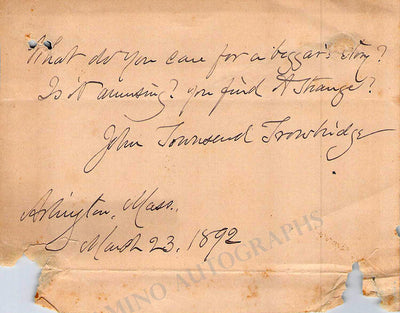 Townsend Trowbridge, John - Autograph Note Signed 1892