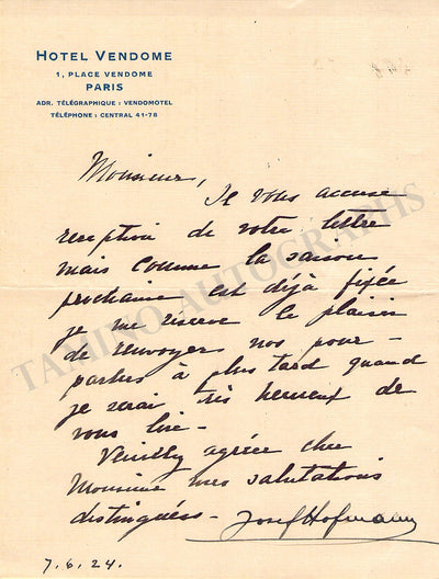 Hofmann, Josef - Autograph Letter Signed 1924