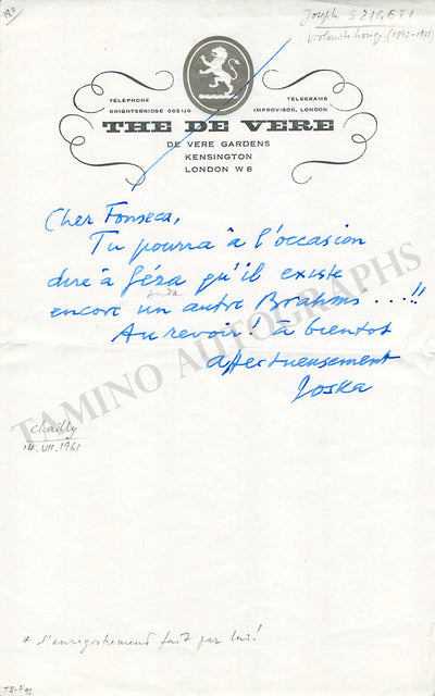 Szigeti, Joseph - Autograph Note Signed 1961