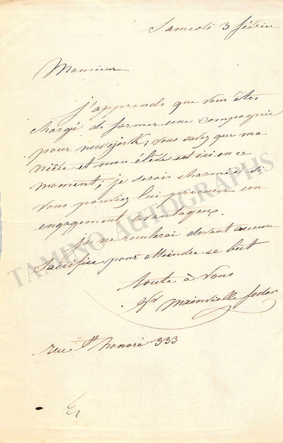 Mainvielle-Fodor, Josephine - Autograph Letter Signed