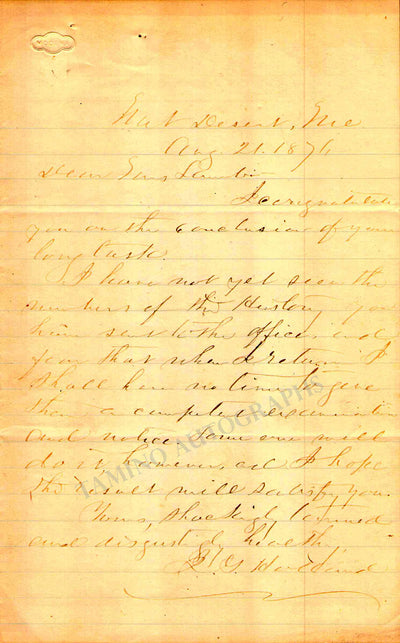 Holland, Joshua Gilbert - Autograph Letter Signed 1874