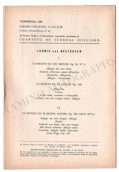 Juilliard String Quartet - Concert Program Buenos Aires 1967