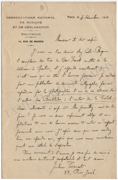 Tiersot, Julien - Set of 2 Autograph Letters Signed 1912