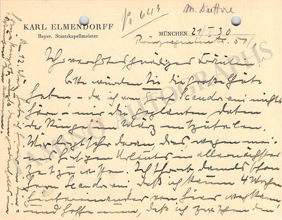 Elmendorff, Karl - Autograph Letter Signed 1930