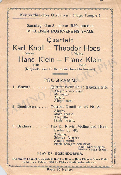 Quartet Knoll - Concert Program Vienna 1920