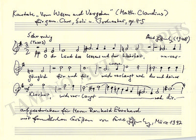 Hessenberg, Kurt - Autograph Music Quote Signed 1992