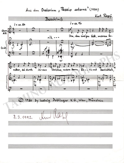 Rapf, Kurt - Printed Music Quote Signed 1992