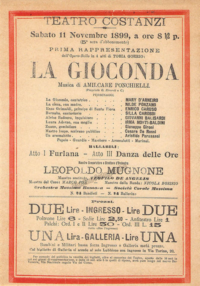 Caruso, Enrico - 1899 Playbill La Gioconda Teatro Costanzi, Rome