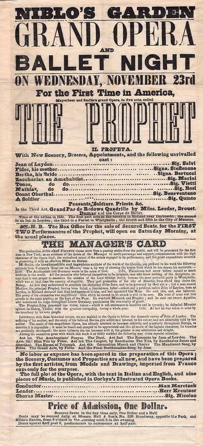 Le Prophete - Playbill New York 1850s