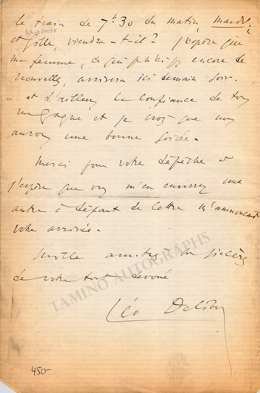 Delibes, Leo - Autograph Letter Signed 1882