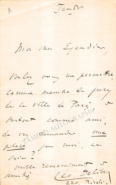 Delibes, Leo - Autograph Note Signed