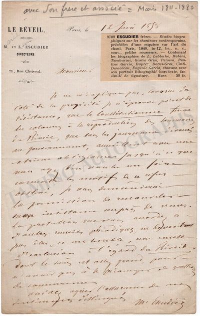 Escudier, Leon - Autograph Letter Signed 1858
