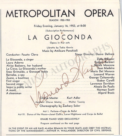 Warren, Leonard - Signed Program Clip Met 1953