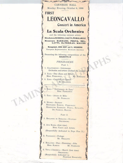 Leoncavallo, Ruggero - Carnegie Hall Program Clip 1906